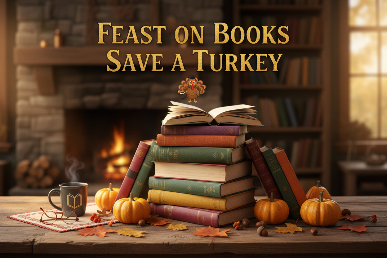 add the words Feast on Books Save a Turkey